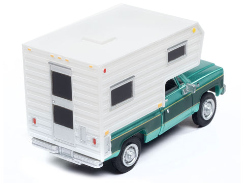 1977 Chevrolet Fleetside Pickup Truck with Camper Light Green Metallic and Dark Green "Mini Metals" Series 1/87 (HO) Scale Model Car by Classic Metal Works