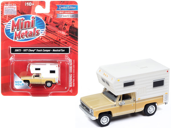 1977 Chevrolet Fleetside Pickup Truck with Camper Beige Metallic and Tan "Mini Metals" Series 1/87 (HO) Scale Model Car by Classic Metal Works
