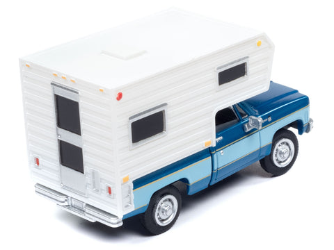 1977 Chevrolet Fleetside Pickup Truck with Camper Blue Metallic and Light Blue "Mini Metals" Series 1/87 (HO) Scale Model Car by Classic Metal Works