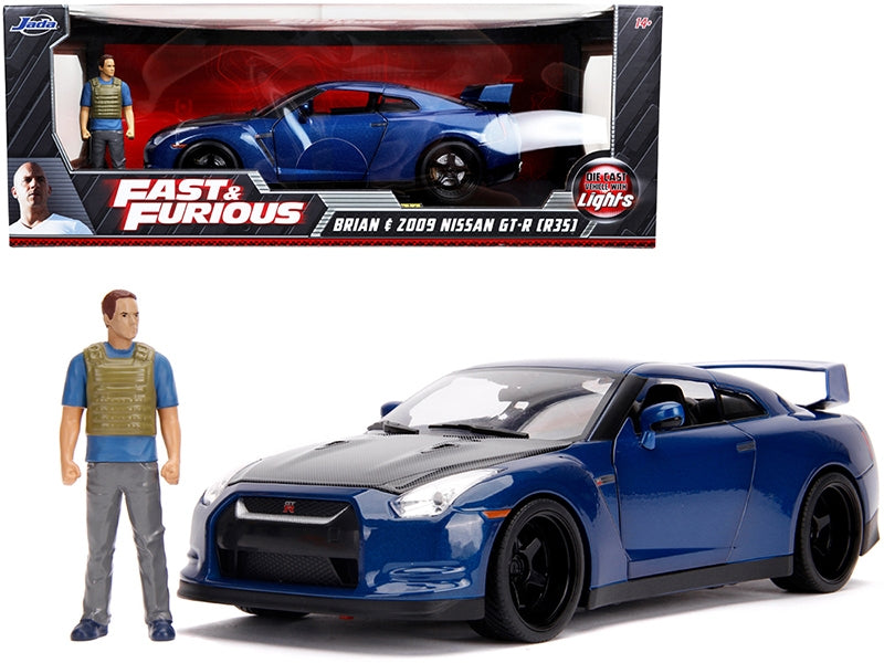 2009 Nissan GT-R (R35) Blue Metallic and Carbon with Lights and Brian Figurine "Fast & Furious" Movie 1/18 Diecast Model Car by Jada