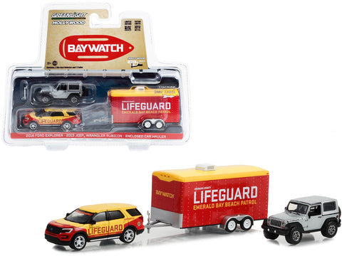 2016 Ford Explorer "Emerald Bay Beach Patrol Lifeguard" Yellow and Red with 2013 Jeep Wrangler Rubicon Gray and Enclosed Car Hauler "Baywatch" (2017) Movie "Hollywood Hitch & Tow" Series 11 1/64 Diecast Model Cars by Greenlight