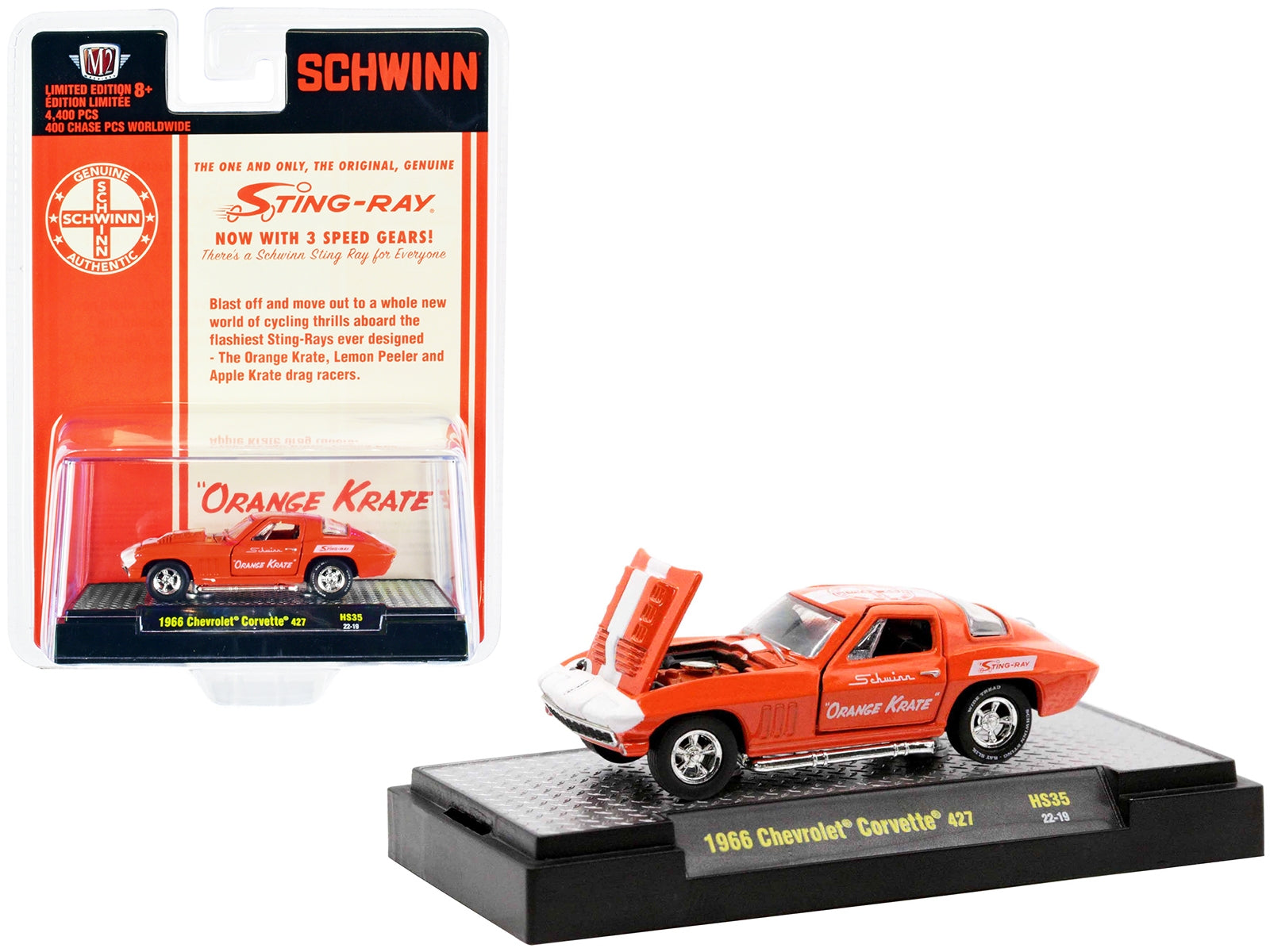 1966 Chevrolet Corvette 427 #68 Orange with White Stripes and Graphics "Schwinn Orange Krate" Limited Edition to 4400 pieces Worldwide 1/64 Diecast Model Car by M2 Machines