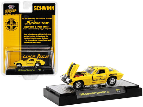 1966 Chevrolet Corvette 427 #68 Yellow with Black Stripes and Graphics "Schwinn Lemon Peeler" Limited Edition to 4400 pieces Worldwide 1/64 Diecast Model Car by M2 Machines