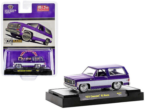 1973 Chevrolet K5 Blazer Purple Metallic and White Limited Edition to 6600 pieces Worldwide 1/64 Diecast Model Car by M2 Machines