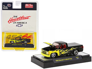 1993 Chevrolet C1500 SS 454 Pickup Truck Black with Yellow Flames and Red Interior "The Heartbeat of America" Limited Edition to 5500 pieces Worldwide 1/64 Diecast Model Car by M2 Machines