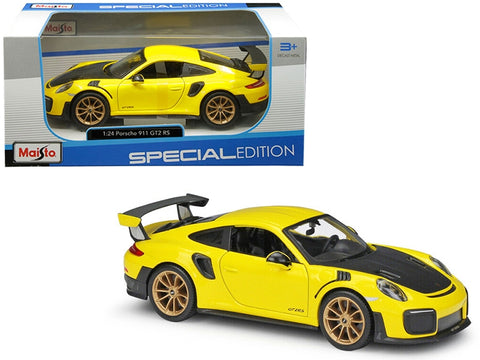 Porsche 911 GT2 RS Yellow with Carbon Hood and Gold Wheels "Special Edition" 1/24 Diecast Model Car by Maisto