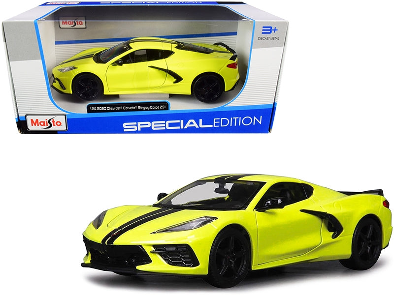 2020 Chevrolet Corvette Stingray Z51 Coupe Yellow with Black Stripes 1/24 Diecast Model Car by Maisto