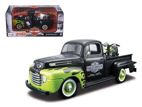 1948 Ford F-1 Pickup Truck "Harley Davidson" with 1948 Harley Davidson FL Panhead Motorcycle Black and Green 1/24 Diecast Models by Maisto