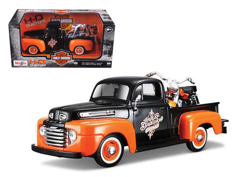 1948 Ford F-1 Pickup Truck with 1958 Harley Davidson FLH Duo Glide Motorcycle Orange and Black 1/24 Diecast Models by Maisto