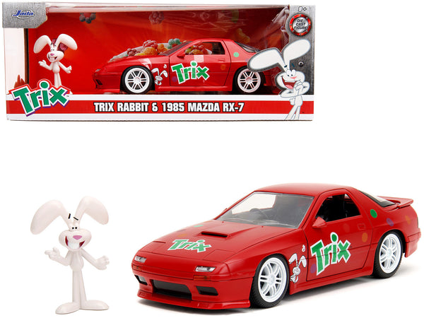 1985 Mazda RX-7 RHD (Right Hand Drive) Red with Graphics and Trix Rabbit Diecast Figure "Trix Cereal" "Hollywood Rides" Series 1/24 Diecast Model Car by Jada