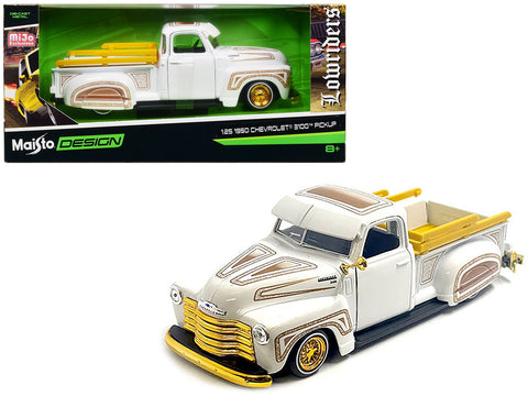 1950 Chevrolet 3100 Pickup Truck Lowrider White with Graphics and Gold Wheels "Lowriders" Series 1/25 Diecast Model Car by Maisto