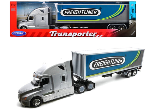 Freightliner Cascadia Truck Silver Metallic with "Freightliner" Container 1/32 Diecast Model by Welly