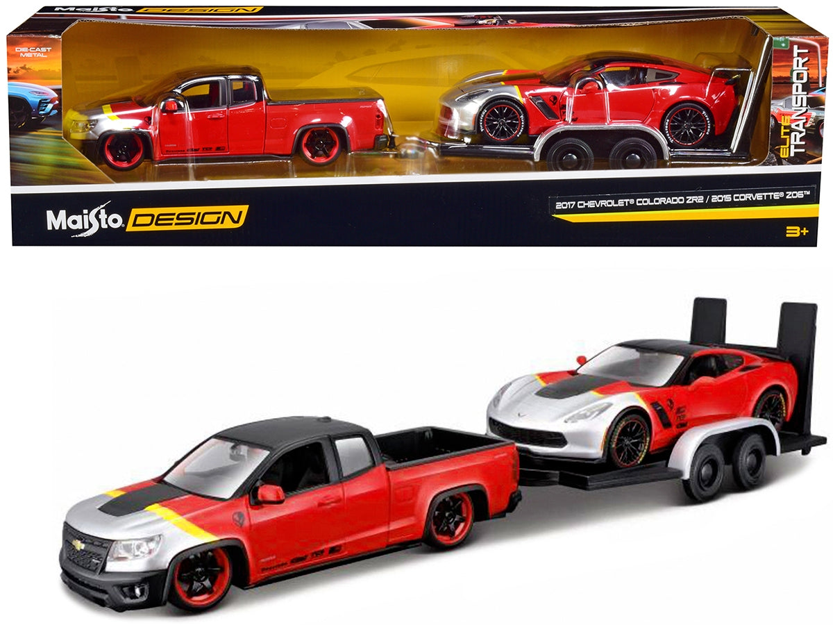 2017 Chevrolet Colorado ZR2 Pickup Truck Red and 2015 Chevrolet Corvette Z06 Red with Flatbed Trailer Set of 3 pieces "Elite Transport" Series 1/24 Diecast Model Cars by Maisto