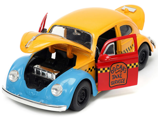 1959 Volkswagen Beetle Taxi Yellow and Blue "Oscar's Taxi Service" and Oscar the Grouch Diecast Figure "Sesame Street" "Hollywood Rides" Series 1/24 Diecast Model Car by Jada