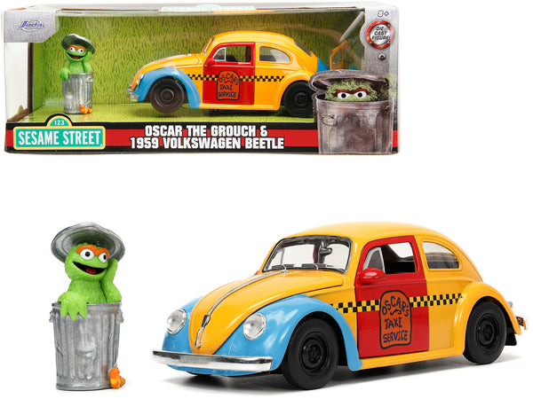 1959 Volkswagen Beetle Taxi Yellow and Blue "Oscar's Taxi Service" and Oscar the Grouch Diecast Figure "Sesame Street" "Hollywood Rides" Series 1/24 Diecast Model Car by Jada