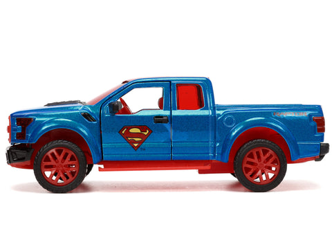 2017 Ford F-150 Raptor Pickup Truck Blue Metallic and Red with Red Interior and Superman Diecast Figure "DC's Superman" "Hollywood Rides" Series 1/32 Diecast Model Car by Jada