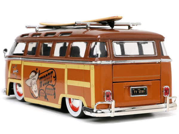 Volkswagen T1 Bus Brown with Graphics "Sheriff Woody" and Woody Diecast Figure and Surfboard "Toy Story" (1995) Movie "Hollywood Rides" Series 1/24 Diecast Model Car by Jada