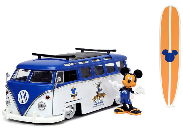 Volkswagen T1 Bus Blue and White with Graphics "Nostalgic Islands Ride the Wave" and Mickey Mouse Diecast Figure and Surfboard "Disney's Mickey and Friends" "Hollywood Rides" Series 1/24 Diecast Model Car by Jada