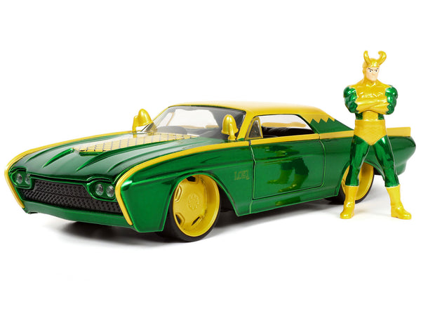 1963 Ford Thunderbird Green and Yellow Metallic with Hood Graphics and Loki Diecast Figure "Loki" "Marvel" Series 1/24 Diecast Model Car by Jada