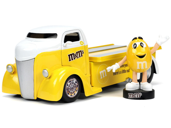1947 Ford COE Flatbed Truck Yellow Metallic with White Top and Yellow M&M Diecast Figure "M&M's" "Hollywood Rides" Series 1/24 Diecast Model Car by Jada