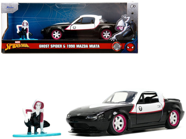 1990 Mazda Miata Black and White with Graphics and Ghost Spider Diecast Figure "Spider-Man" "Marvel" Series 1/32 Diecast Model Car by Jada