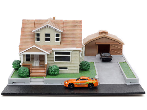 Toretto House Diorama with Dodge Charger Black and Toyota Supra Orange with Graphics "Fast and Furious" "Nano Scene" Series Models by Jada