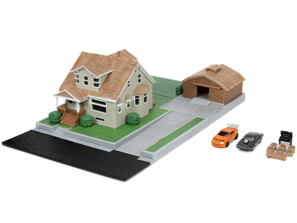Toretto House Diorama with Dodge Charger Black and Toyota Supra Orange with Graphics "Fast and Furious" "Nano Scene" Series Models by Jada