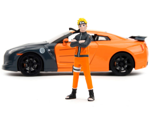 2009 Nissan GT-R (R35) Orange and Dark Gray with Yellow Top and Graphics and Naruto Diecast Figure "Naruto Shippuden" (2009-2017) TV Series "Anime Hollywood Rides" Series 1/24 Diecast Model Car by Jada