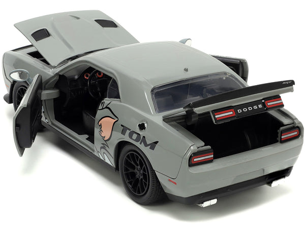 2015 Dodge Challenger Hellcat Gray with "Tom" Graphics and Jerry Diecast Figure "Tom and Jerry" "Hollywood Rides" Series 1/24 Diecast Model Car by Jada