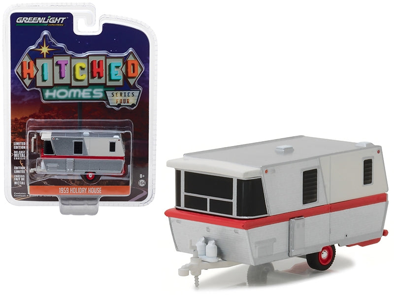 1959 Holiday House Travel Trailer Silver with Red Stripe Hitched Homes Series 4 1/64 Diecast Model by Greenlight