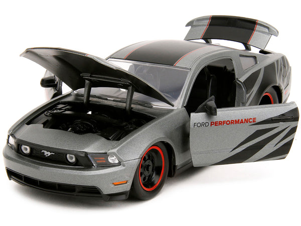 2010 Ford Mustang GT Matt Gray Metallic with Black Graphics and Stripes "Ford Performance" "Bigtime Muscle" Series 1/24 Diecast Model Car by Jada