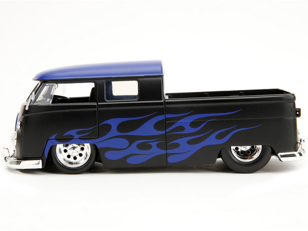 1963 Volkswagen Bus Pickup Truck Matt Black with Matt Blue Top and Flames Graphics "Punch Buggy" Series 1/24 Diecast Model Car by Jada