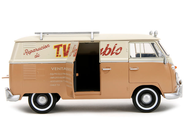 Volkswagen Bus "WheelJack" Tan and Beige "Frank's TV Repair" and Transformers Logo Diecast Statue "Transformers: Rise of the Beasts" (2023) Movie "Hollywood Rides" Series 1/24 Diecast Model Car by Jada