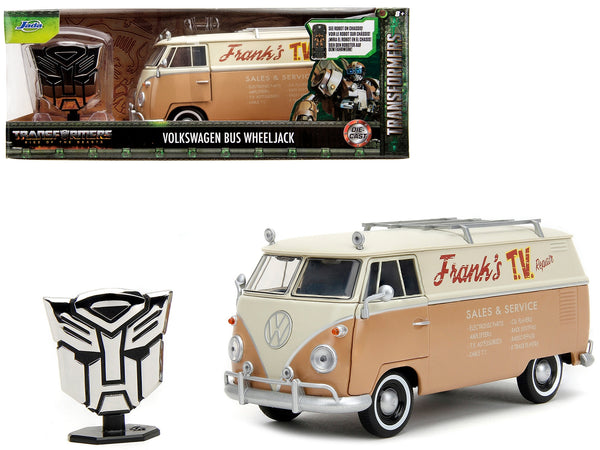 Volkswagen Bus "WheelJack" Tan and Beige "Frank's TV Repair" and Transformers Logo Diecast Statue "Transformers: Rise of the Beasts" (2023) Movie "Hollywood Rides" Series 1/24 Diecast Model Car by Jada