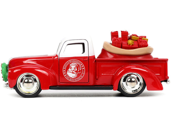 1941 Ford Pickup Truck Red and White "Santa's Workshop" and 1957 Chevrolet Bel Air Red Metallic and White "Express 25" with Mr. and Mrs. Santa Claus Diecast Figures "Holiday Rides" Series 1/32 Diecast Model Cars by Jada