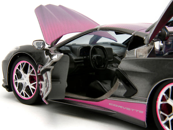 2020 Chevrolet Corvette Stingray Gray Metallic with Pink Carbon Hood and Top "Pink Slips" Series 1/24 Diecast Model Car by Jada