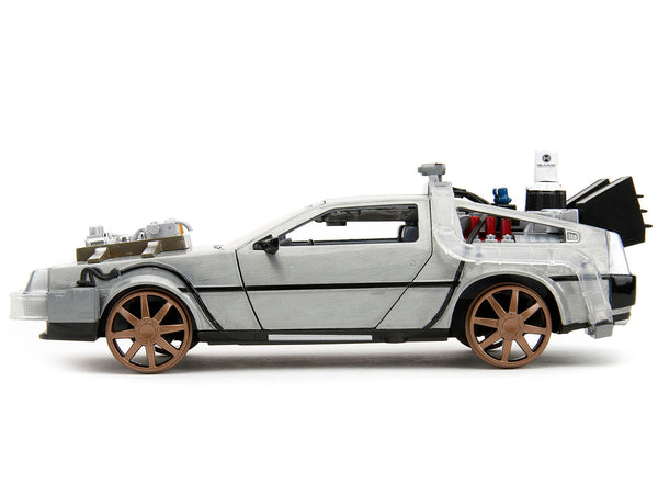 DeLorean Brushed Metal Time Machine (Train Wheel Version) with Lights "Back to the Future Part III" (1990) Movie "Hollywood Rides" Series 1/24 Diecast Model Car by Jada