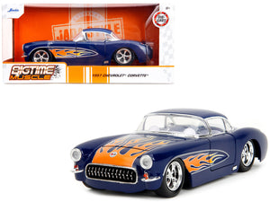 1957 Chevrolet Corvette Dark Blue with Flame Graphics and White Interior "Bigtime Muscle" Series 1/24 Diecast Model Car by Jada