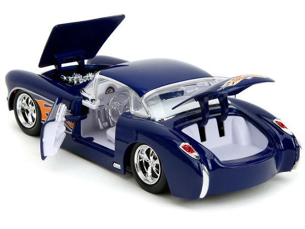 1957 Chevrolet Corvette Dark Blue with Flame Graphics and White Interior "Bigtime Muscle" Series 1/24 Diecast Model Car by Jada