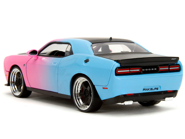 2015 Dodge Challenger SRT Hellcat Pink and Blue Gradient with Matt Black Hood and Top "Pink Slips" Series 1/24 Diecast Model Car by Jada