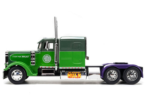 1992 Peterbilt 379 Truck Tractor Green Two-Tone and Purple "The Incredible Hulk" "Marvel Avengers" Series Diecast Model by Jada