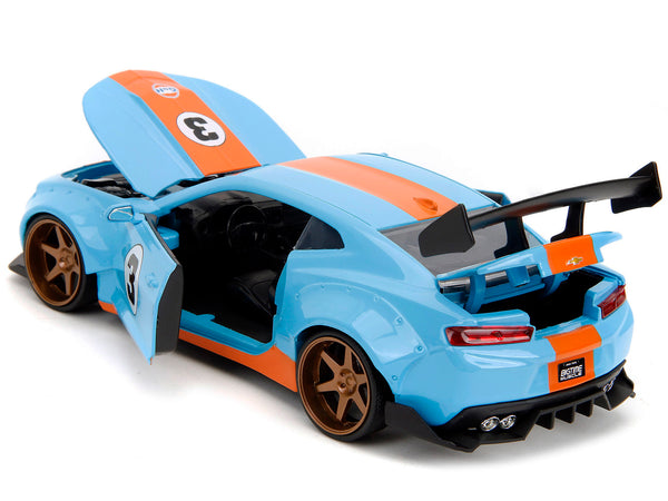 2016 Chevrolet Camaro Widebody #3 Light Blue with Orange Stripes "Gulf Oil" "Wide Body" Series 1/24 Diecast Model Car by Jada