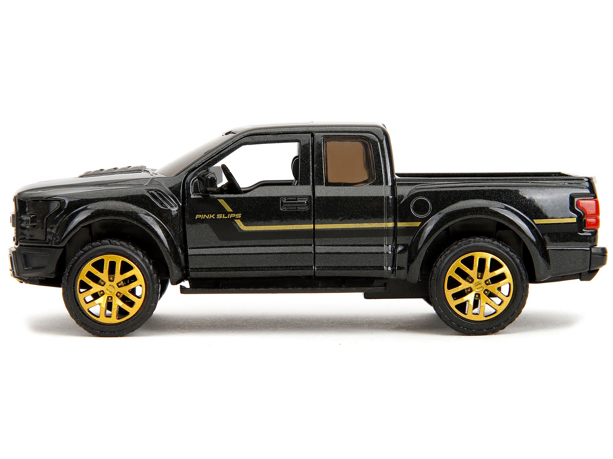 2017 Ford F-150 Raptor Pickup Truck Black Metallic with Gold Stripes "Pink Slips" Series 1/32 Diecast Model Car by Jada