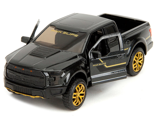 2017 Ford F-150 Raptor Pickup Truck Black Metallic with Gold Stripes "Pink Slips" Series 1/32 Diecast Model Car by Jada