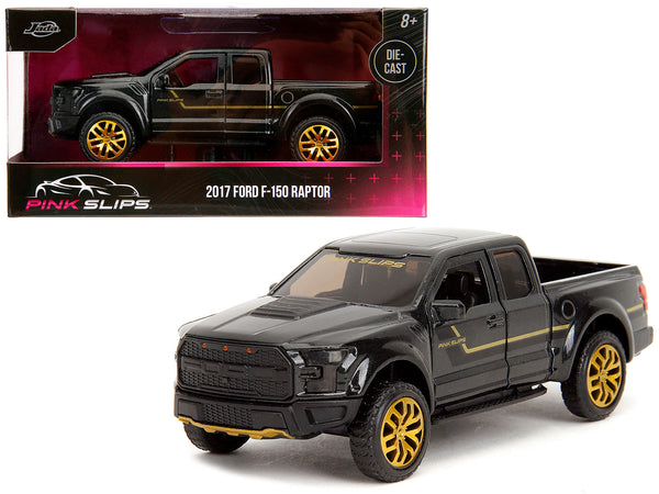 2017 Ford F-150 Raptor Pickup Truck Black Metallic with Gold Stripes "Pink Slips" Series 1/32 Diecast Model Car by Jada