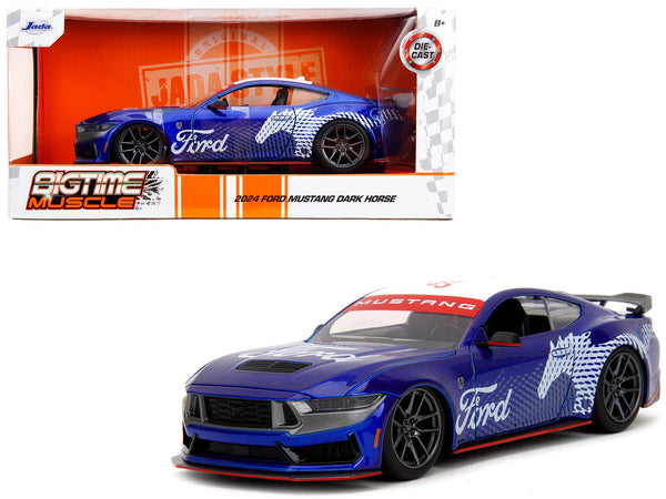 2024 Ford Mustang Dark House Candy Blue with White Top and "Mustang Horse Graphics" "Bigtime Muscle" Series 1/24 Diecast Model Car by Jada