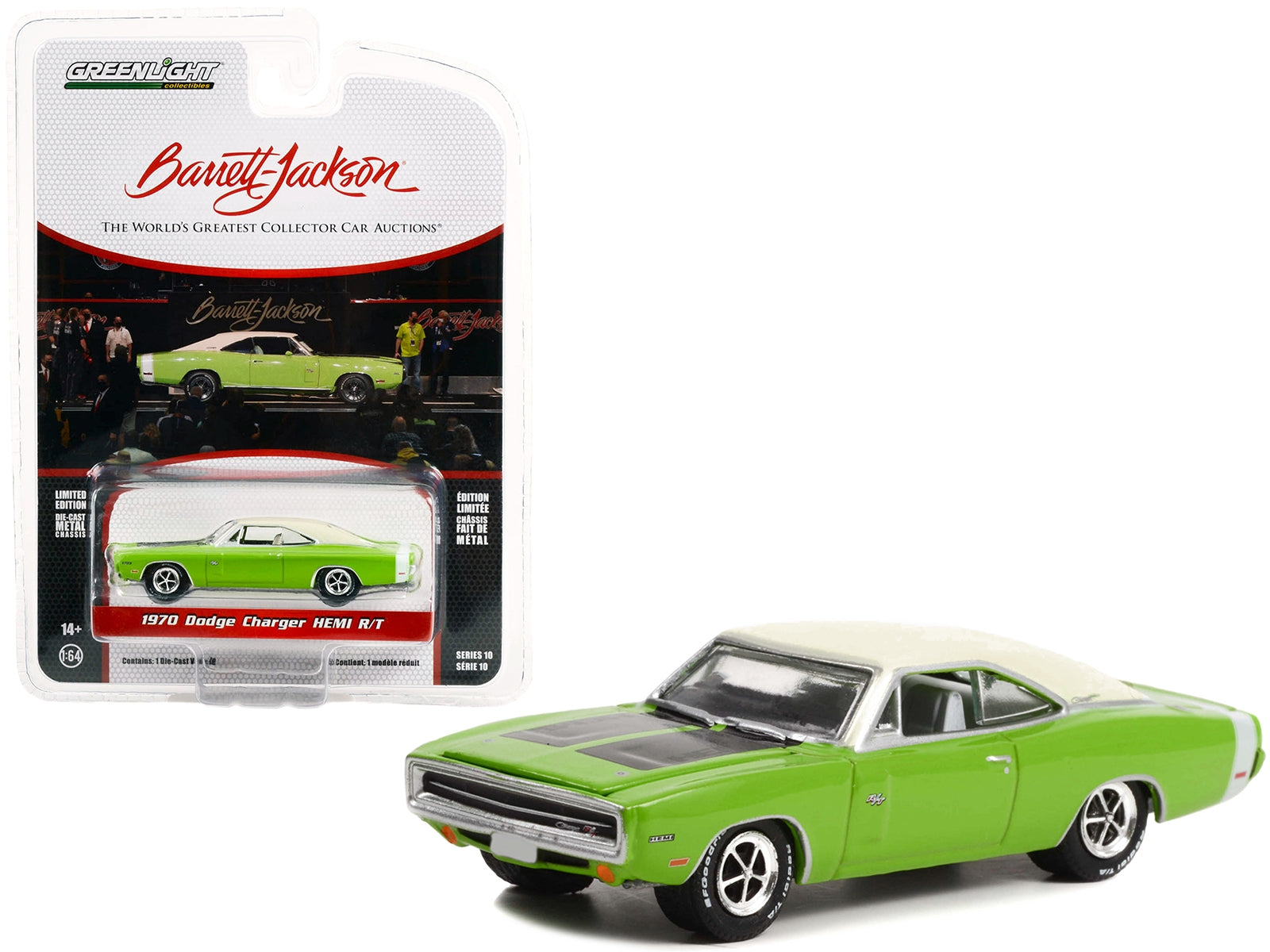 1970 Dodge Charger HEMI R/T Sublime Green with White Roof and White Tail Stripe (Lot #777) Barrett-Jackson 'Scottsdale Edition' Series 10 1/64 Diecast Model Car by Greenlight