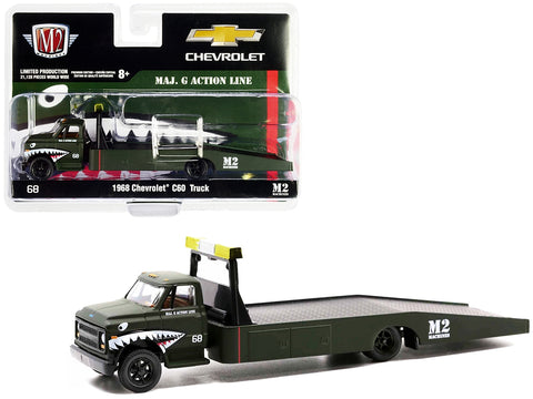 1968 Chevrolet C60 Flatbed Truck #68 Matt Dark Green with Graphics "Maj. G Action Line" Limited Edition to 21120 pieces Worldwide 1/64 Diecast Model by M2 Machines