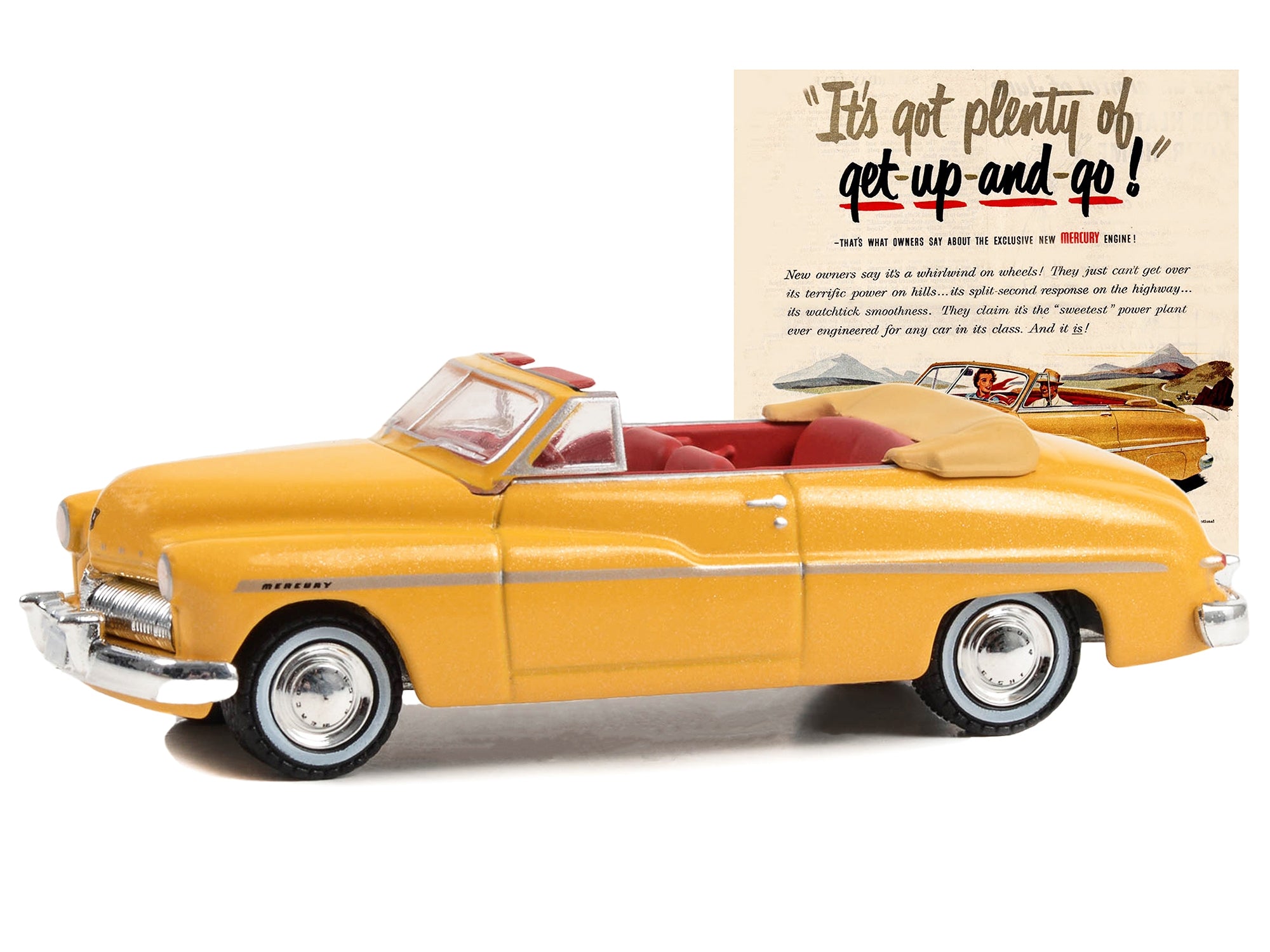 1949 Mercury Eight Convertible Yellow Metallic with Red Interior "It's Got Plenty Of Get-Up-And-Go!" "Vintage Ad Cars" Series 9 1/64 Diecast Model Car by Greenlight