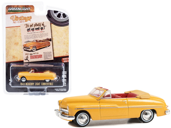 1949 Mercury Eight Convertible Yellow Metallic with Red Interior "It's Got Plenty Of Get-Up-And-Go!" "Vintage Ad Cars" Series 9 1/64 Diecast Model Car by Greenlight